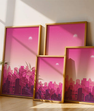 Skyline urbano al anochecer con degradado rosa y noria