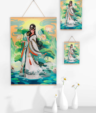 Femme élégante en tenue traditionnelle avec des fleurs de lotus et un décor serein