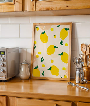 Playful lemon pattern with green leaves and abstract shapes
