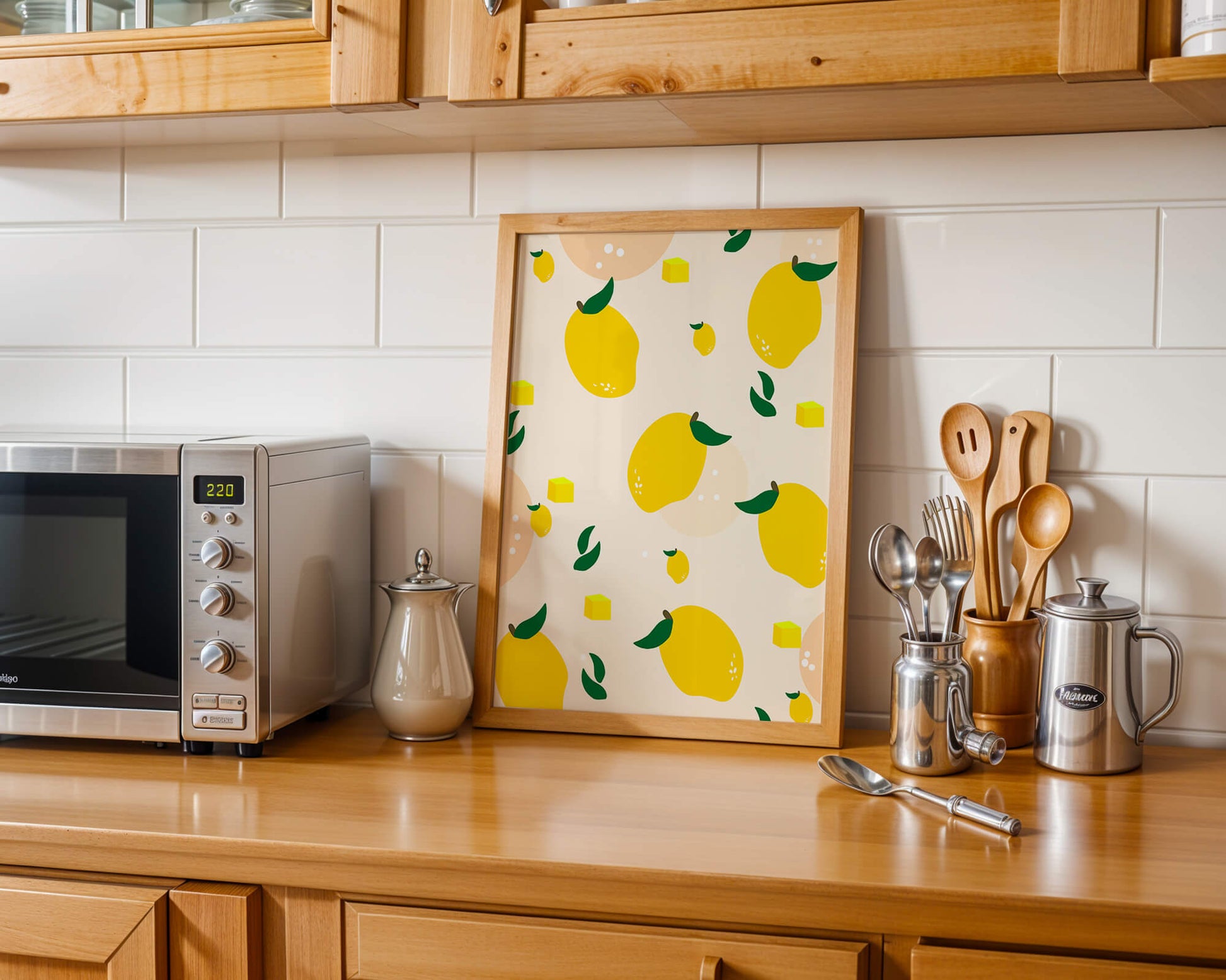 Playful lemon pattern with green leaves and abstract shapes