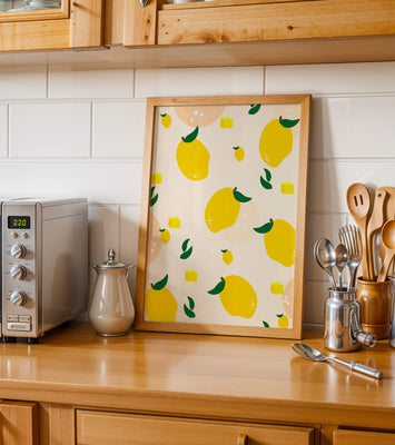 Playful lemon pattern with green leaves and abstract shapes