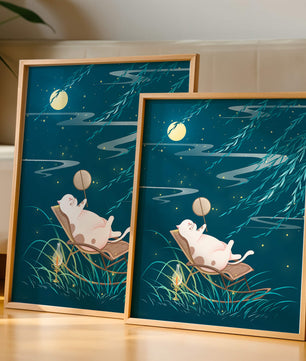Adorable ilustración de un gato relajándose en un jardín iluminado por la luna con linterna