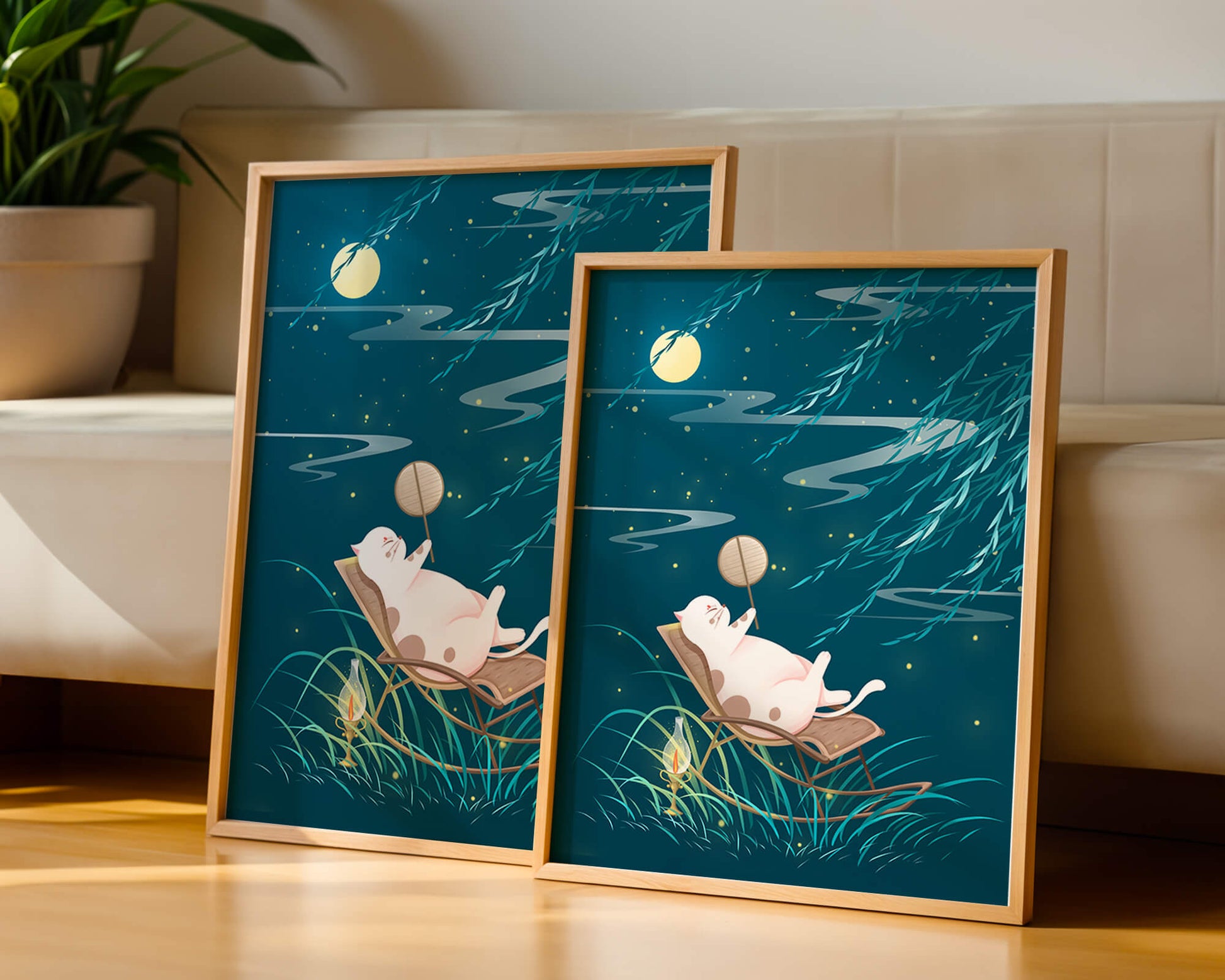Adorable ilustración de un gato relajándose en un jardín iluminado por la luna con linterna
