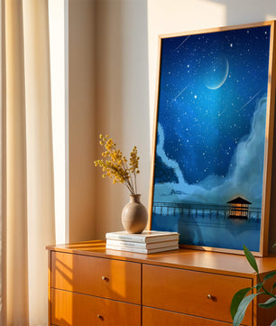 Serene Night Sky with Crescent Moon, Stars, and Pier Over Water