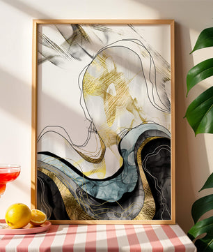 Arte abstracto con líneas fluidas y detalles dorados