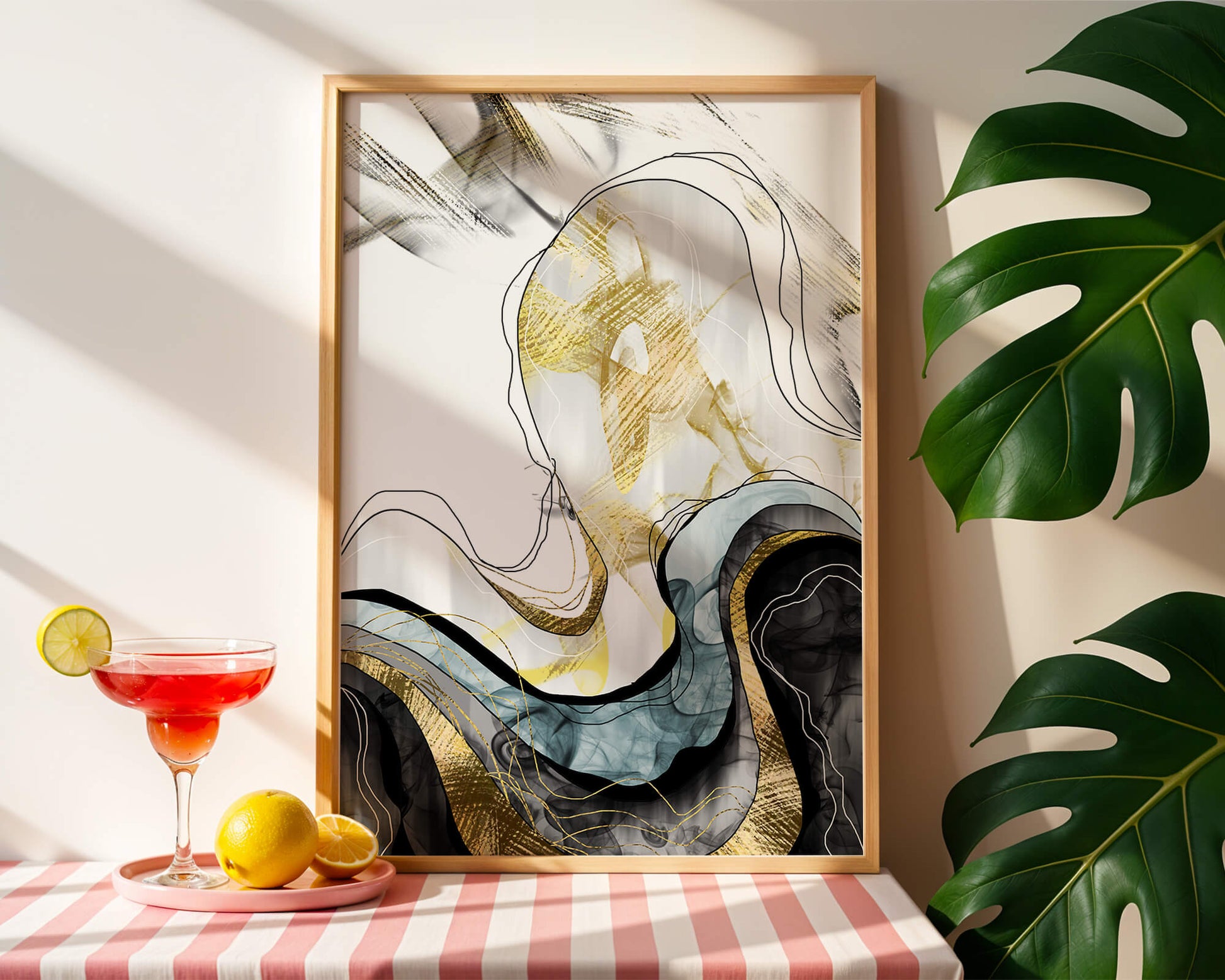 Arte abstracto con líneas fluidas y detalles dorados