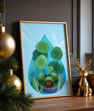 Nature-inspired abstract illustration with leaves and spheres