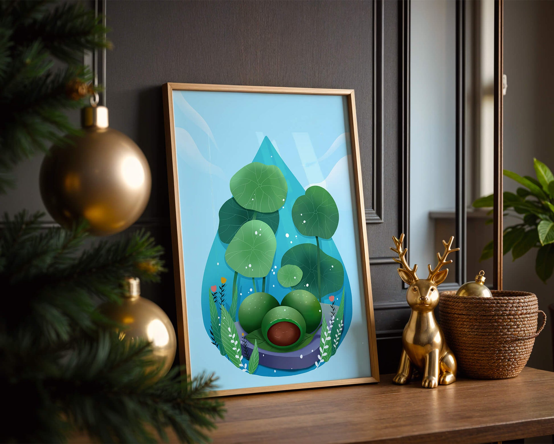 Nature-inspired abstract illustration with leaves and spheres
