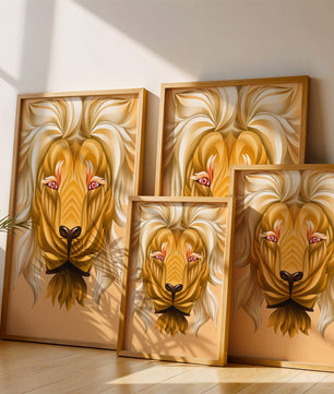 Lion Face with Intricate Golden Pattern and Flowing Mane