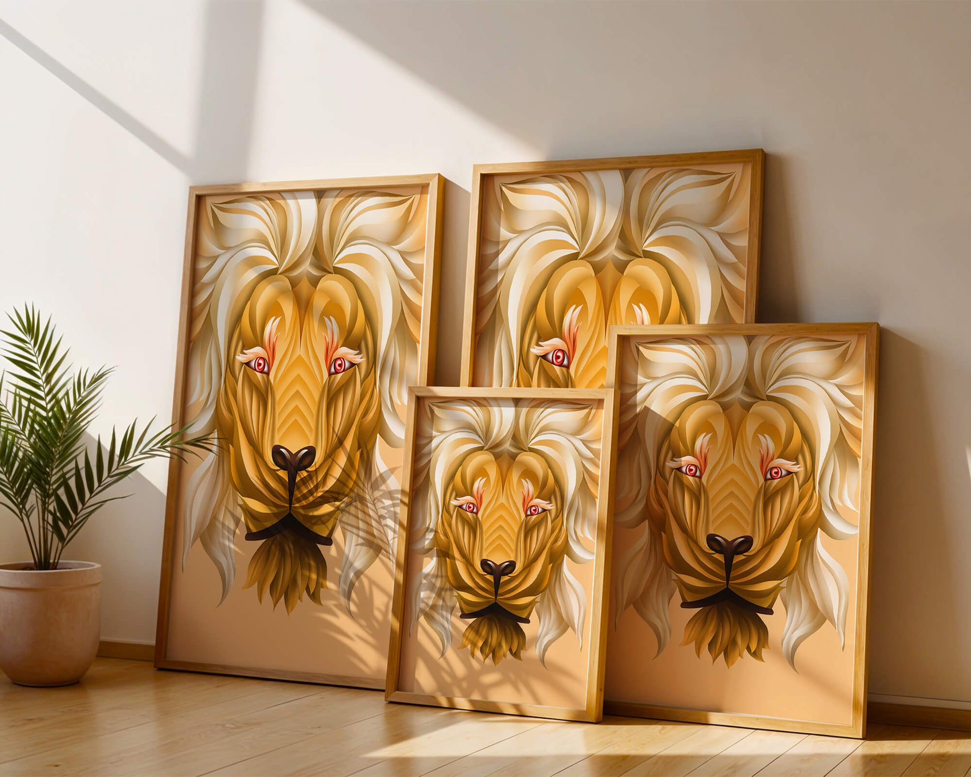 Lion Face with Intricate Golden Pattern and Flowing Mane