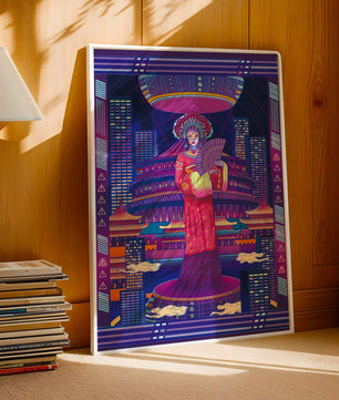Futuristic Asian Inspired Artwork with Neon Colors and Geisha in Traditional Attire