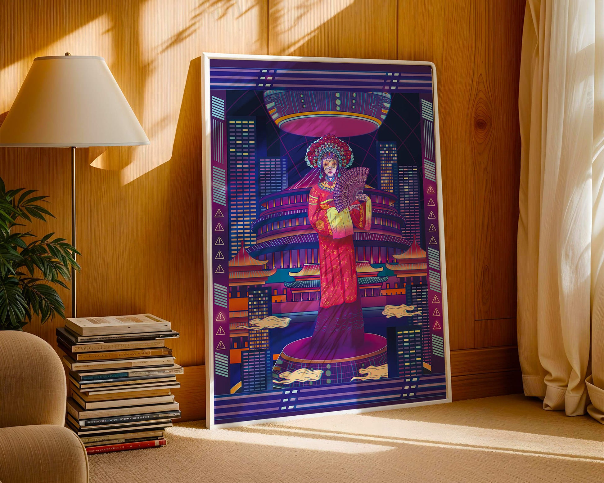 Futuristic Asian Inspired Artwork with Neon Colors and Geisha in Traditional Attire