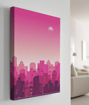 Skyline urbano al anochecer con degradado rosa y noria