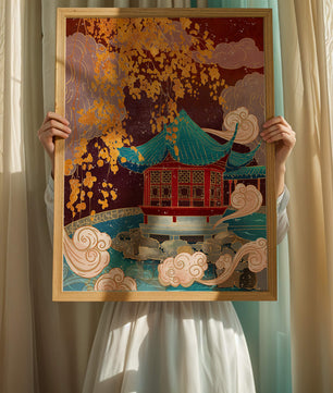 Traditional Chinese Pavilion with Gold Leaves and Clouds