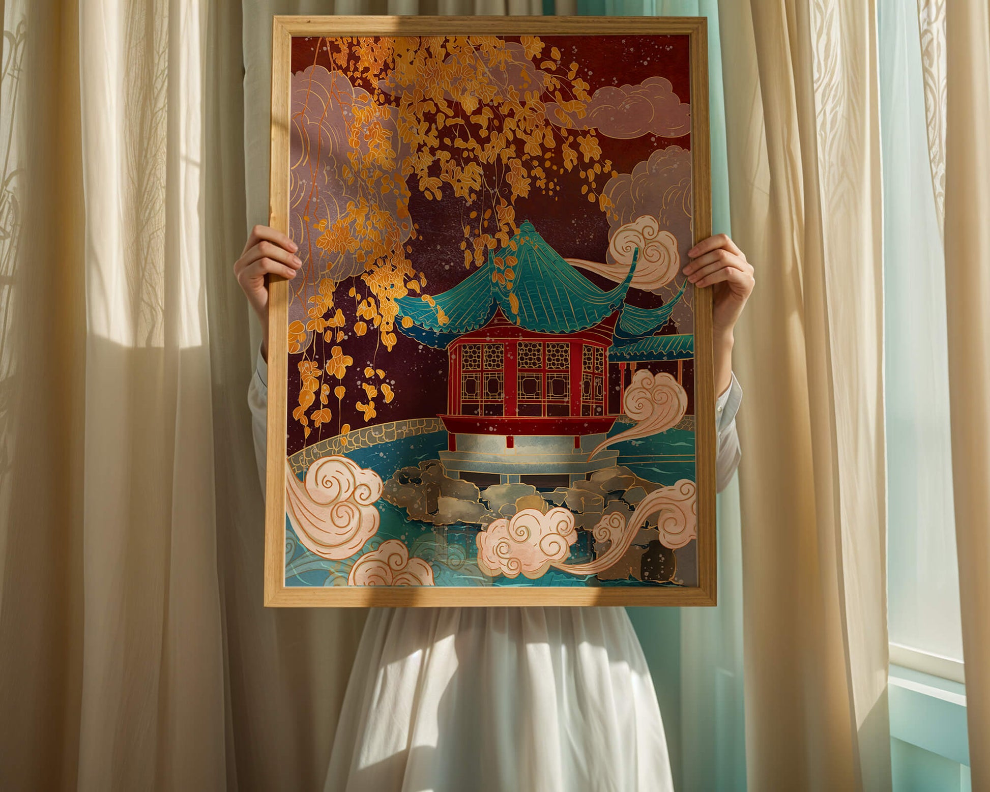 Pabellón chino tradicional con hojas doradas y nubes