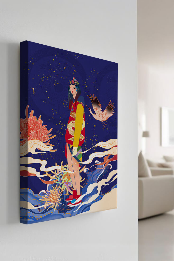 Elegant fusion of traditional and modern art with floral and avian elements