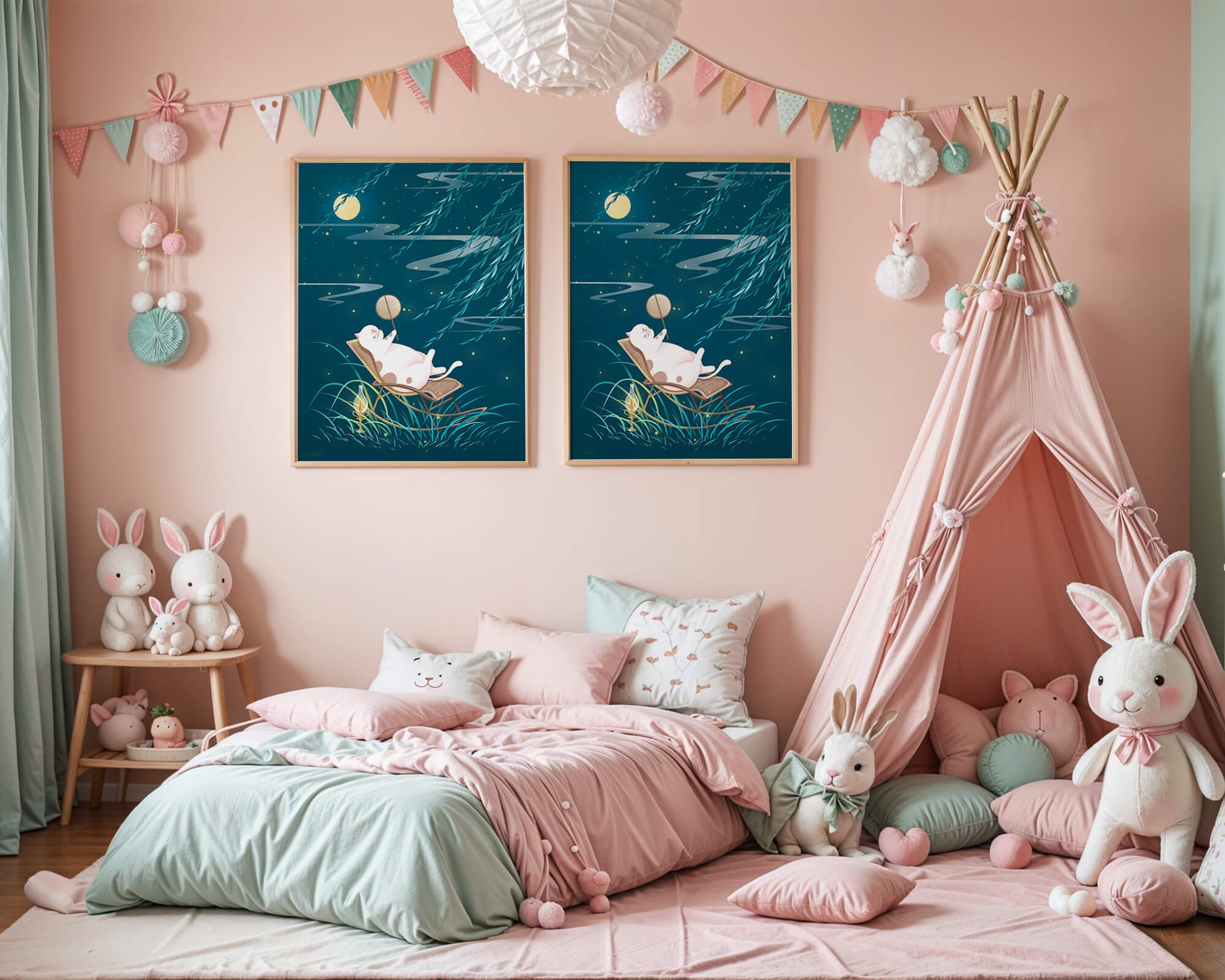 Adorable ilustración de un gato relajándose en un jardín iluminado por la luna con linterna
