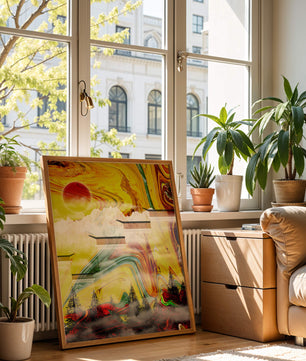 Abstract Landscape with Swirling Colors and Red Sun