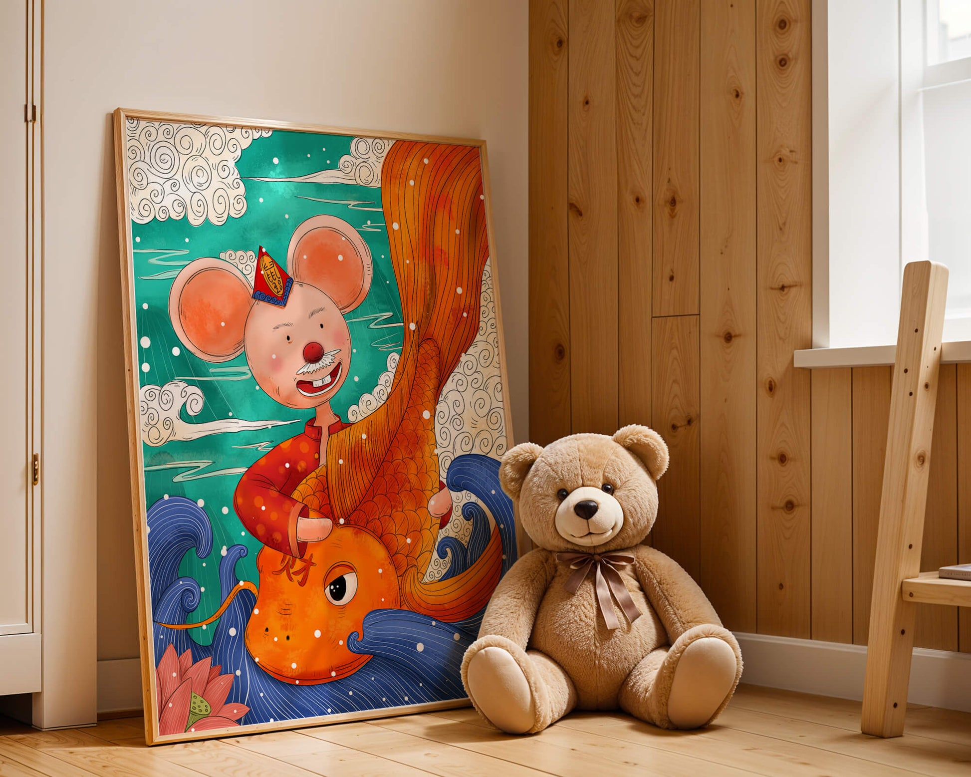 Whimsical illustration of a mouse riding a golden fish in a vibrant fantasy setting
