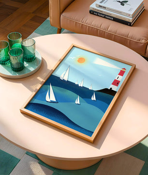 Coastal scene with sailboats and lighthouse on a bright sunny day