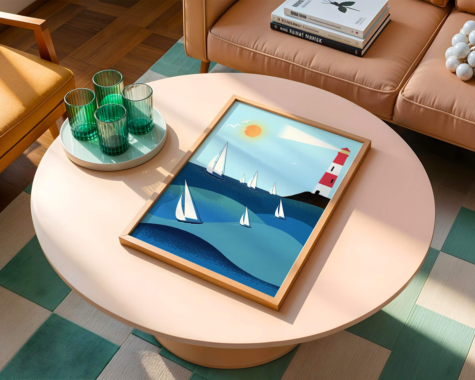 Coastal scene with sailboats and lighthouse on a bright sunny day