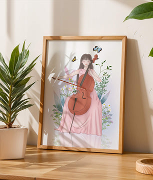 Girl Playing Cello Surrounded by Nature with Butterflies - Mi tienda
