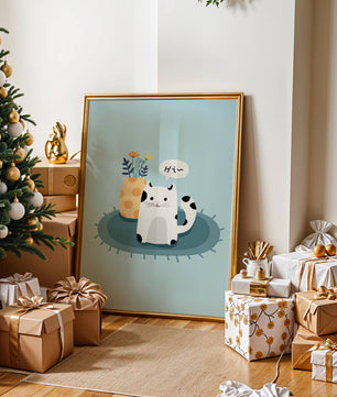 Cute illustration of a cat and flowers on a rug with a speech bubble