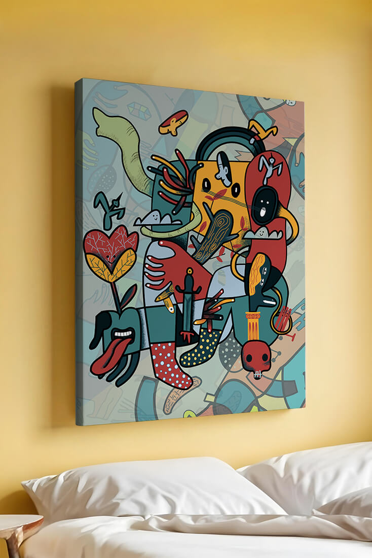 Composición artística surrealista abstracta con colores vibrantes