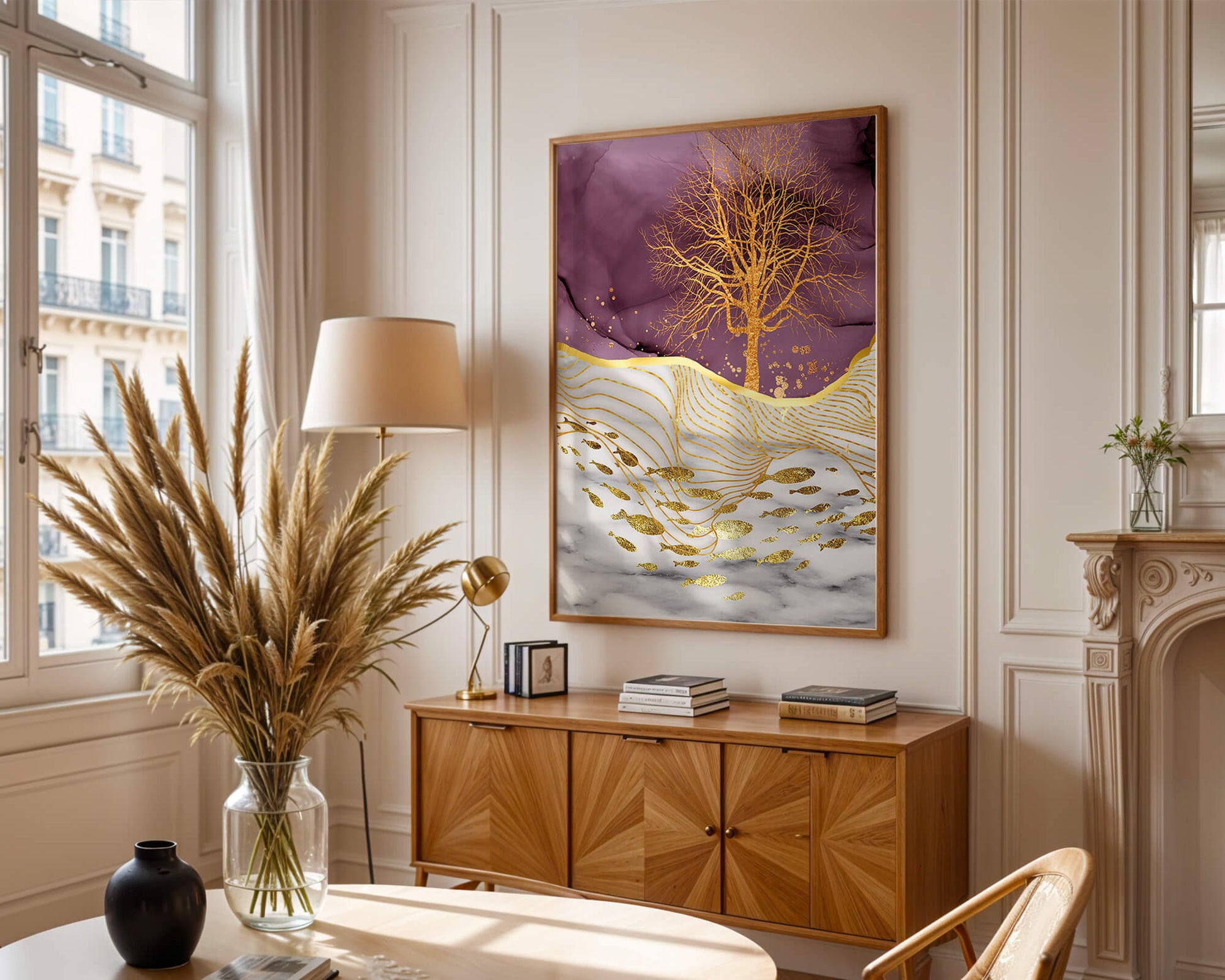 Abstract Tree with Gold Fish on Marble Background