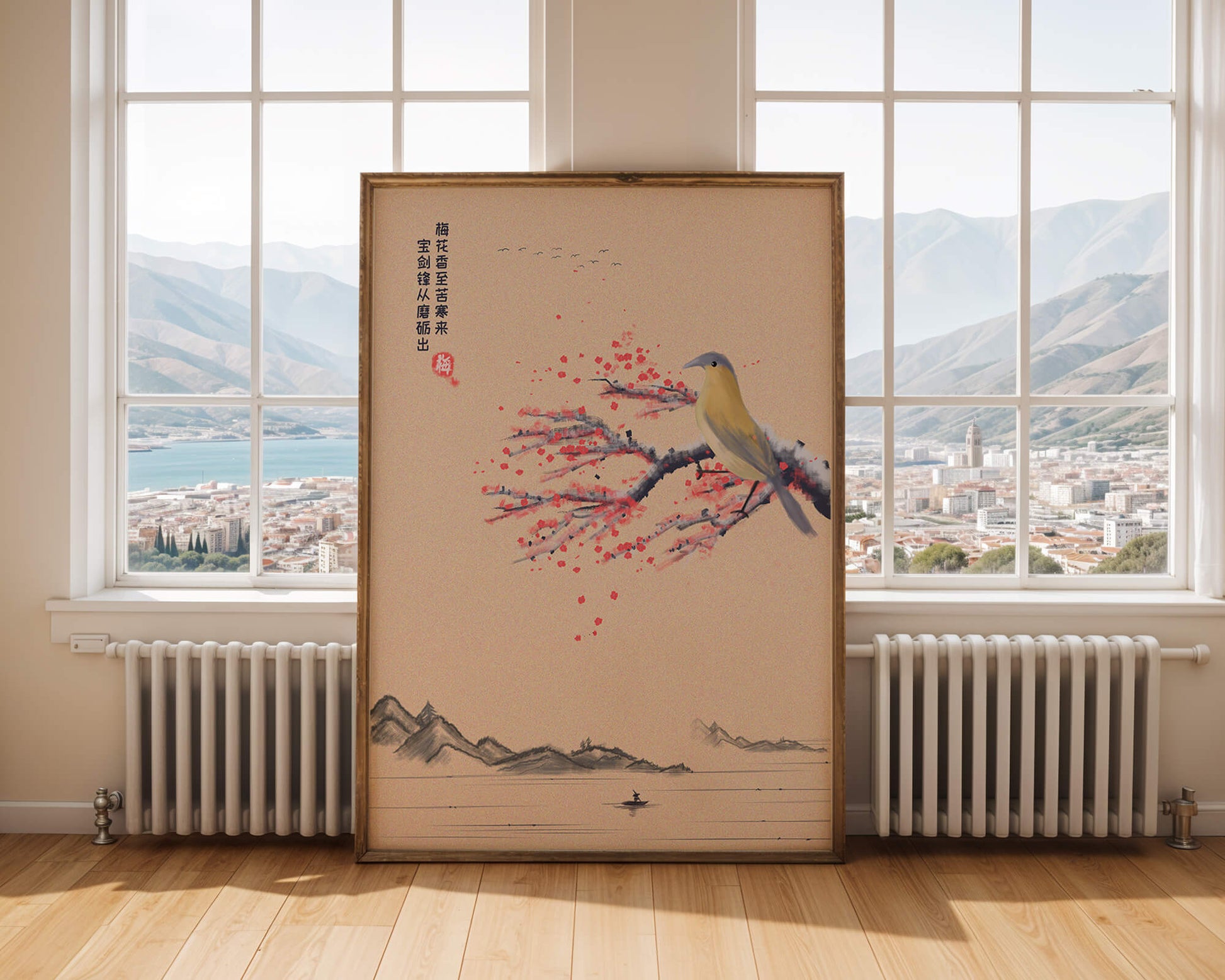 Traditional Chinese painting with bird and blossom branch over tranquil landscape