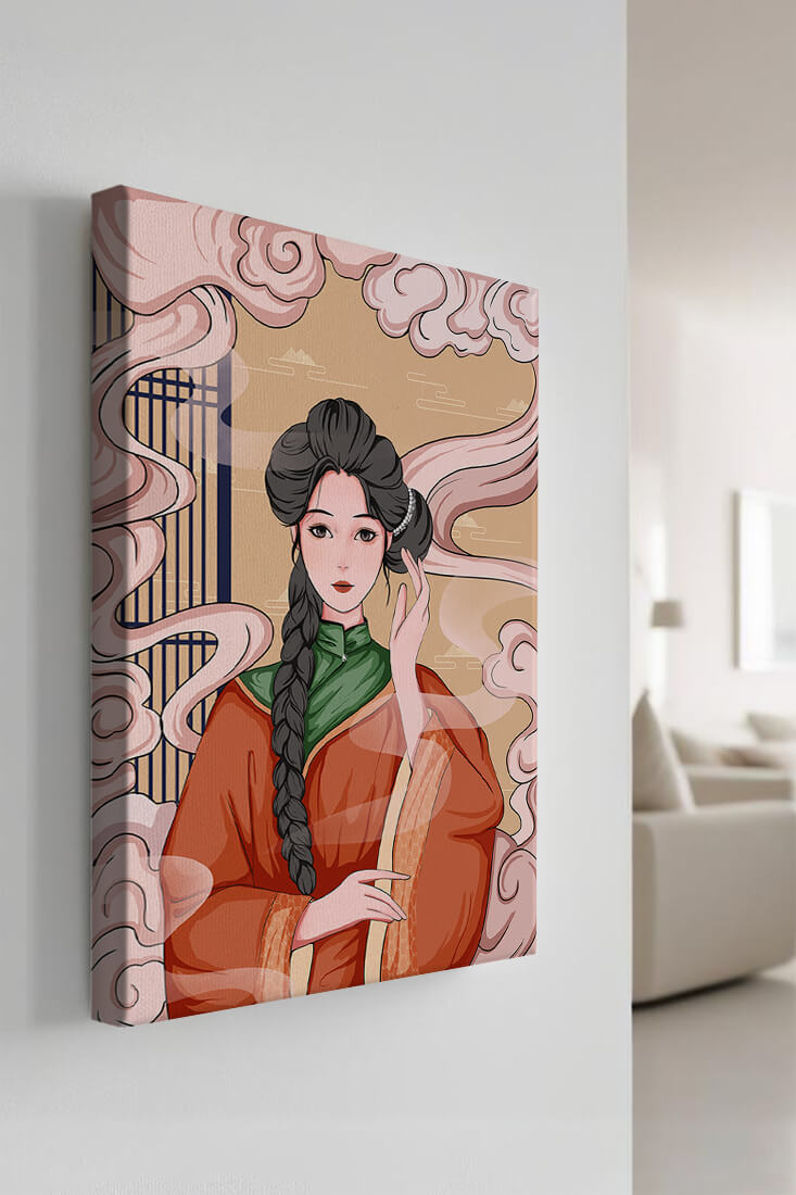 Elegant depiction of a woman in traditional attire with swirling clouds