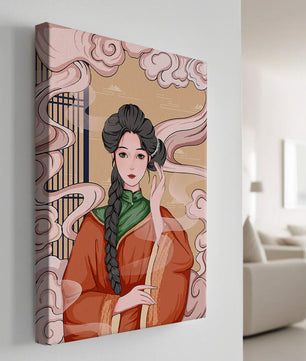 Elegante representación de una mujer con atuendo tradicional y nubes giratorias