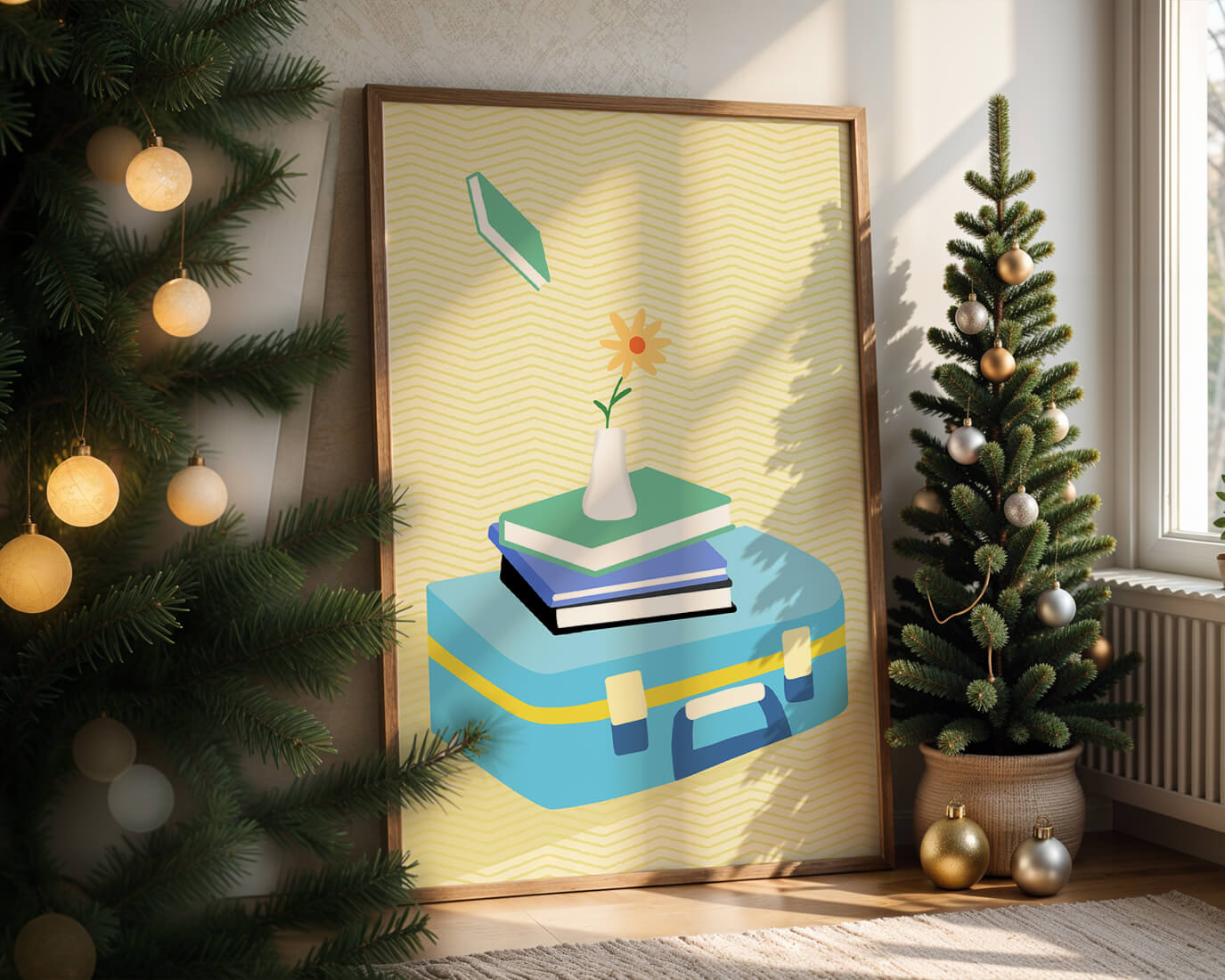 Colorful still life with books, flower vase, and suitcase