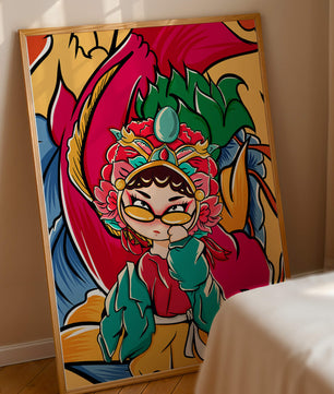 Vibrant illustration featuring a character in traditional costume with dragon elements