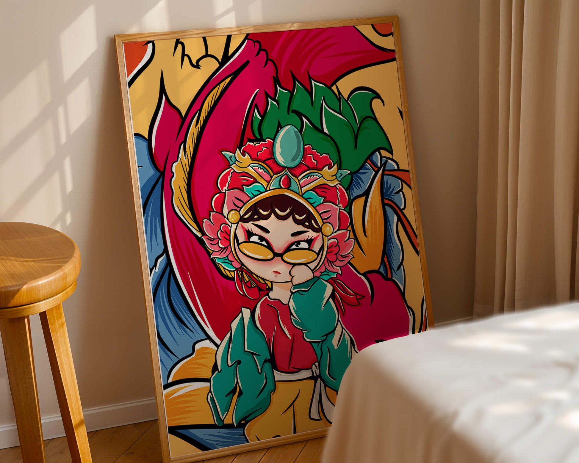 Vibrant illustration featuring a character in traditional costume with dragon elements