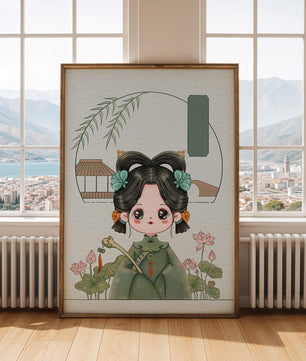 Charming illustration of a cute character in traditional Asian attire with floral elements