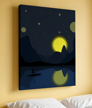 Paisaje nocturno sereno con río iluminado por la luna y bote silueteado