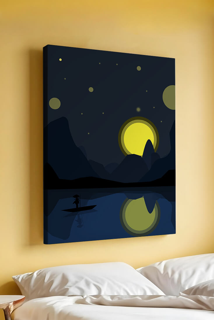 Serene night landscape with moonlit river and silhouetted boat