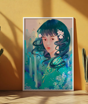 Retrato onírico de una niña con elementos florales y fondo natural
