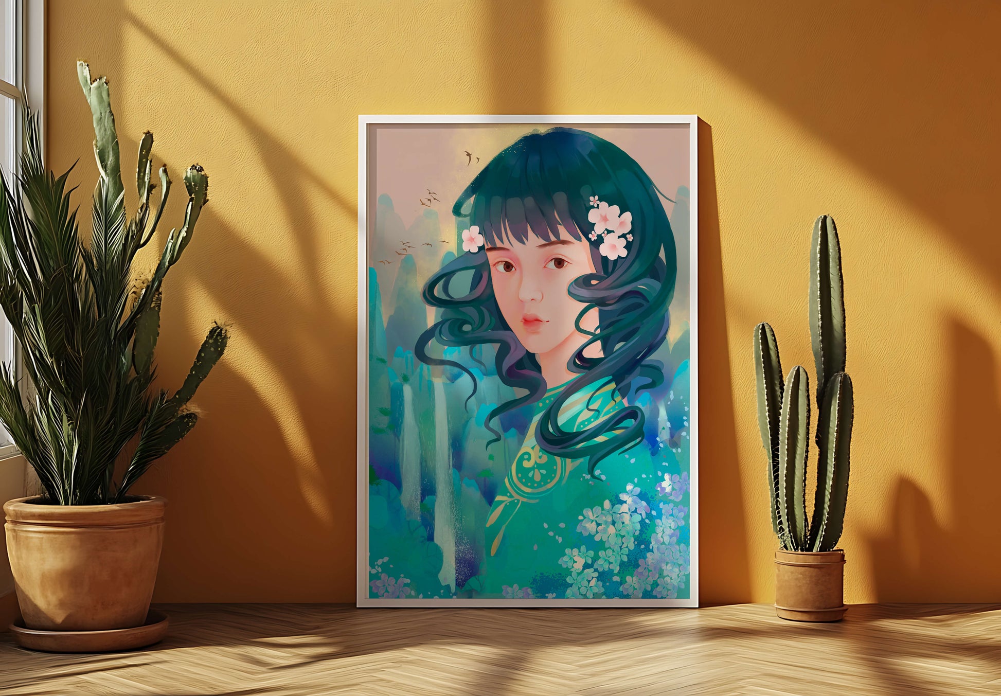 Retrato onírico de una niña con elementos florales y fondo natural.