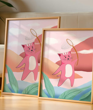 Pink Cat Holding Net in Whimsical Landscape