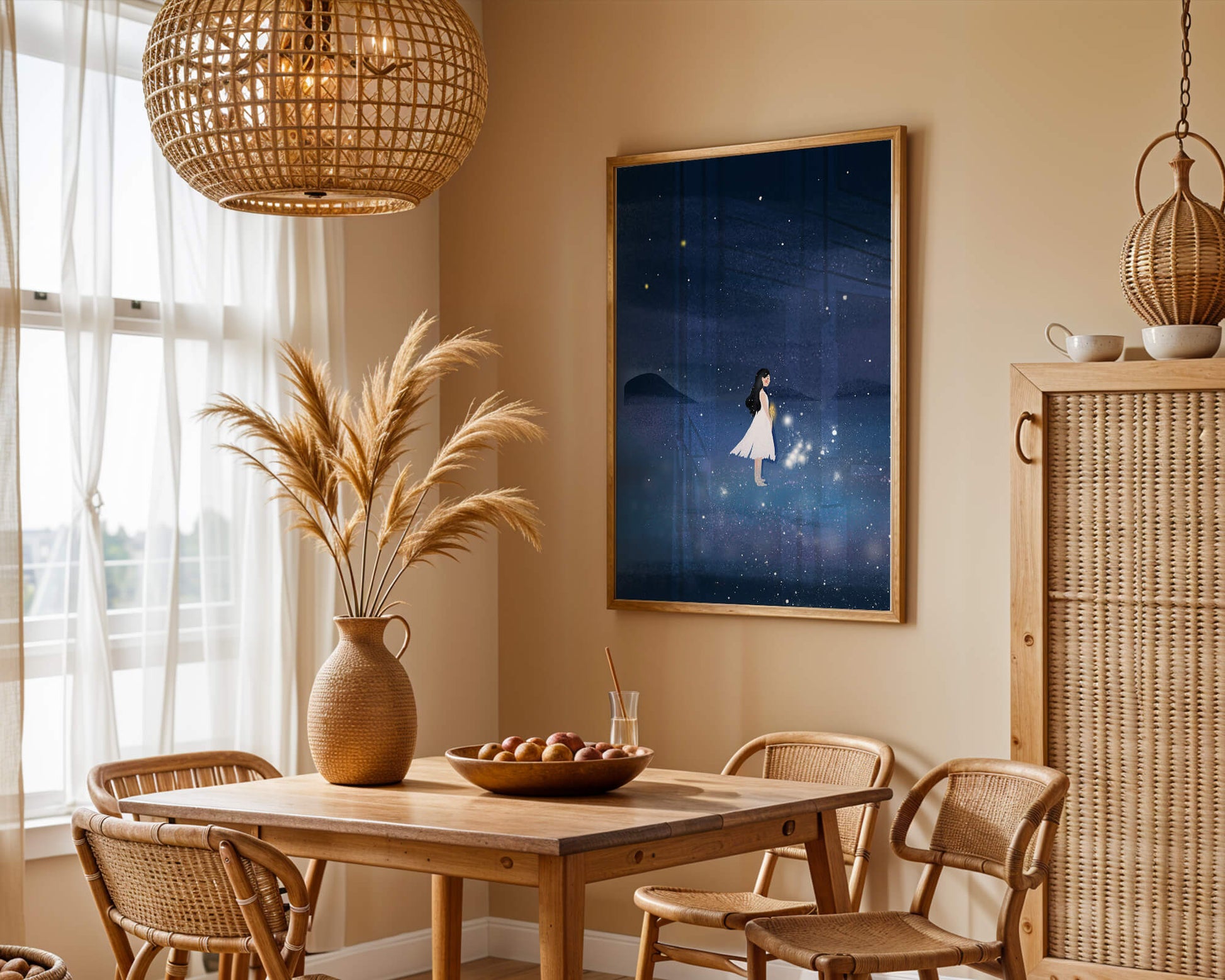 Girl in White Dress Gazing at Starry Night Sky