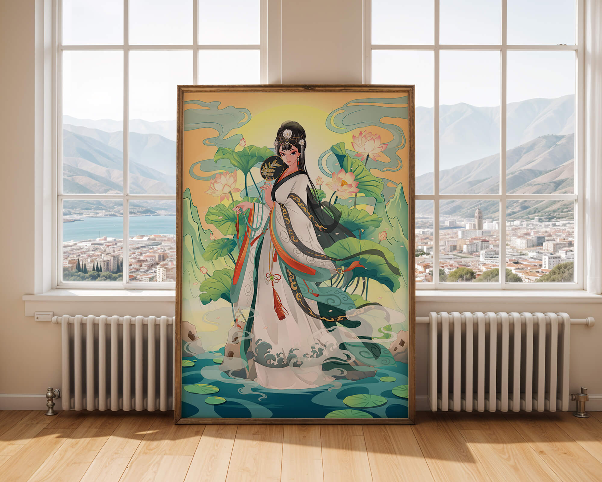 Elegant woman in traditional attire with lotus flowers and serene backdrop