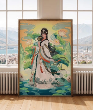 Femme élégante en tenue traditionnelle avec des fleurs de lotus et un décor serein