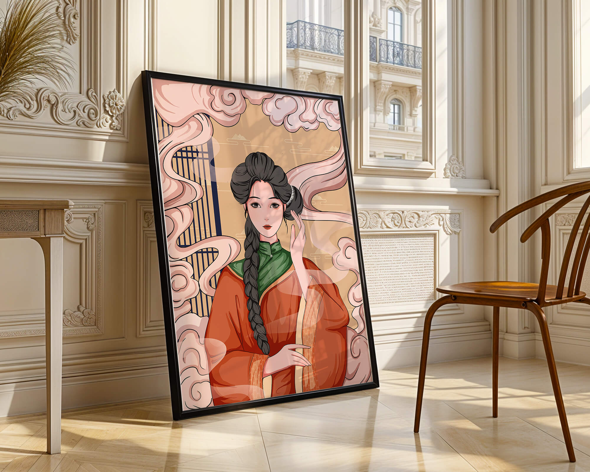 Elegant depiction of a woman in traditional attire with swirling clouds