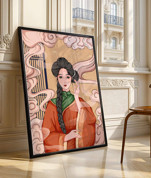 Elegante representación de una mujer con atuendo tradicional y nubes giratorias