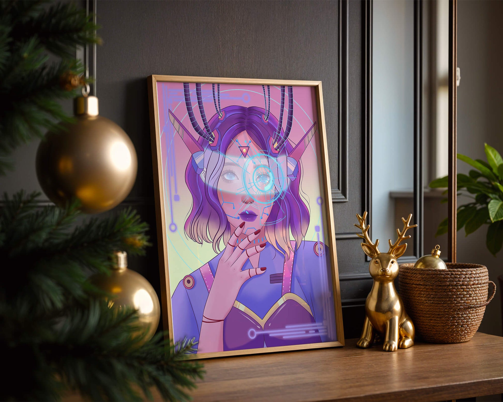 Futuristic digital art featuring a cybernetic woman with a holographic interface