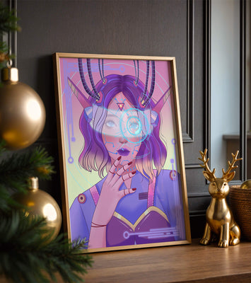 Futuristic digital art featuring a cybernetic woman with a holographic interface