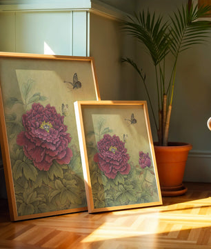 Delicate peonies with butterflies in a serene natural setting