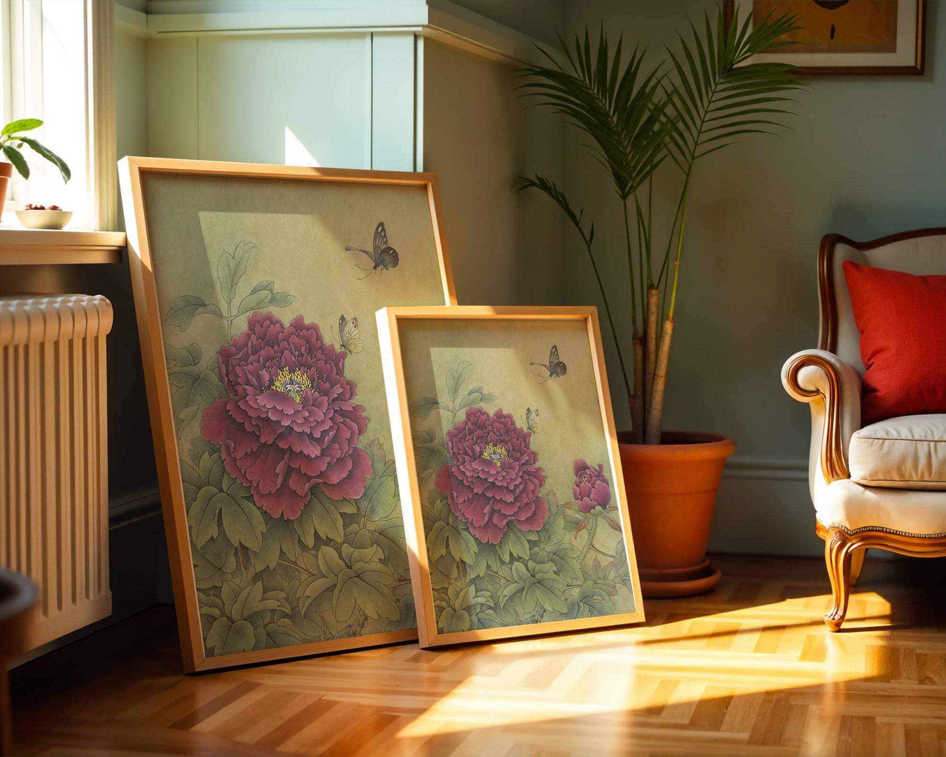 Delicate peonies with butterflies in a serene natural setting